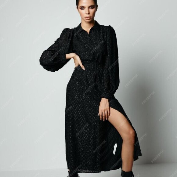 Zara Black Textured Long Sleeve Dress with Belt, Size Small